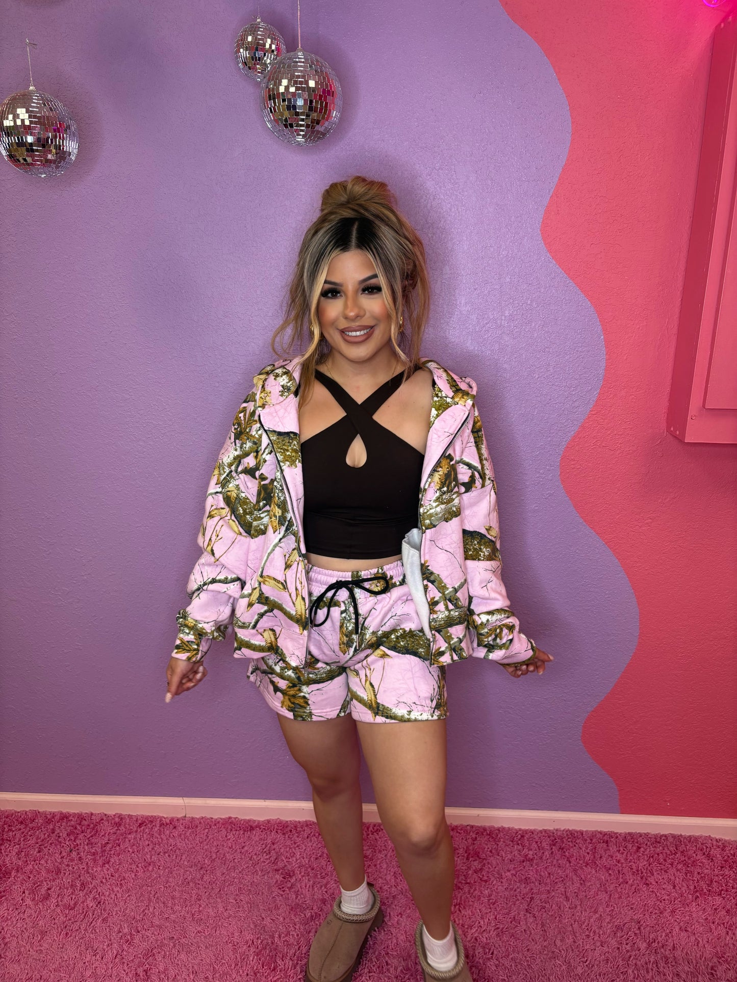 baby pink camo zip-up short set