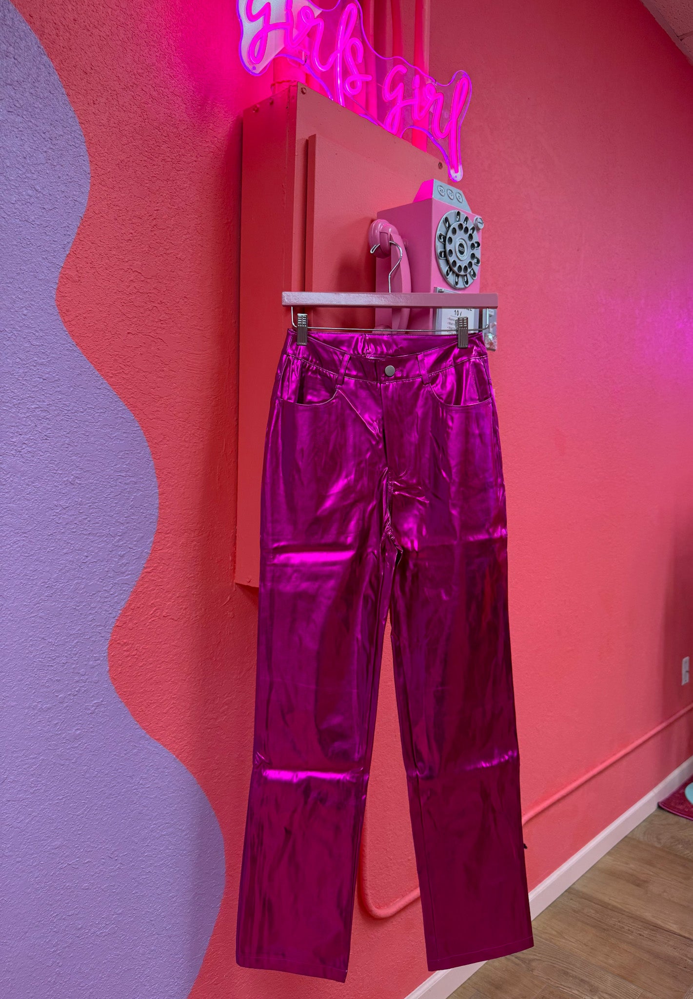 magenta metallic pants