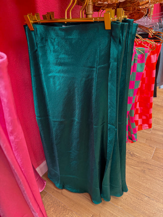 green silk skirt