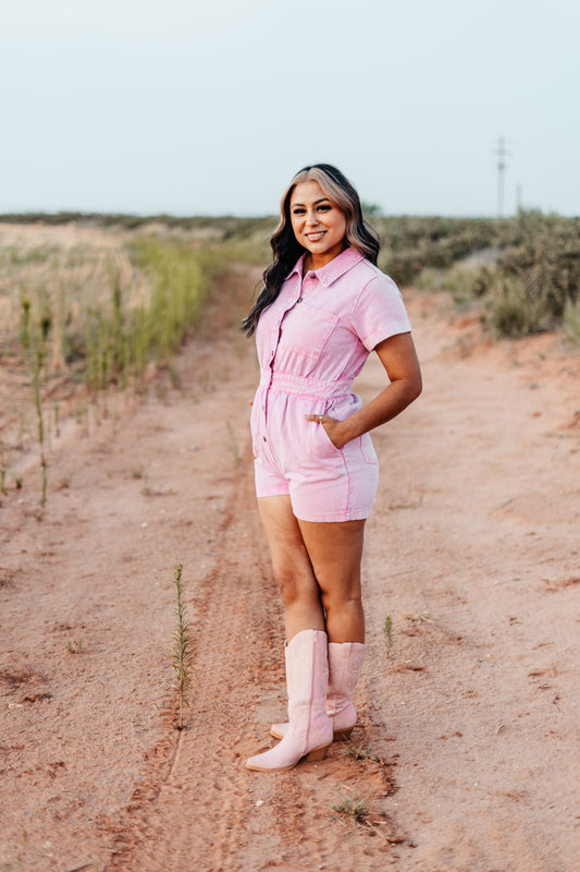 just a girl pink denim romper