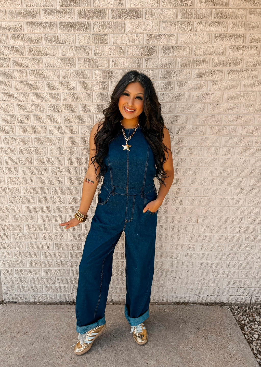 denim doll halter jumpsuit