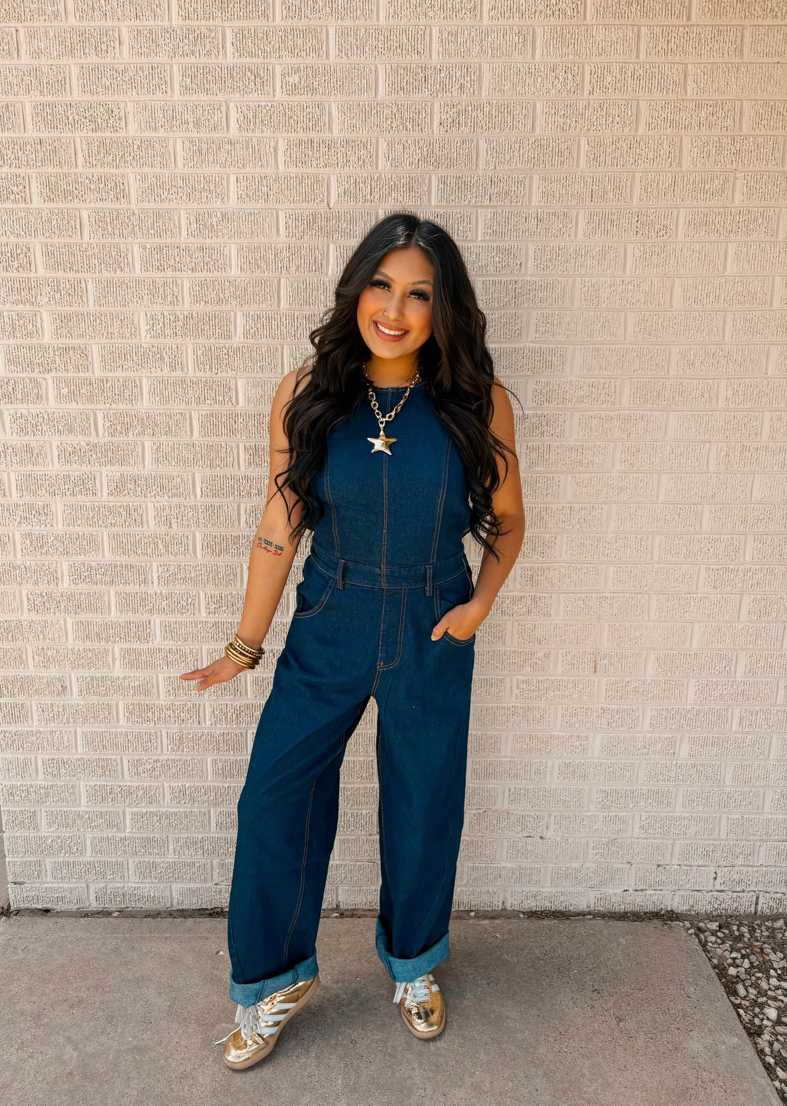 denim doll halter jumpsuit