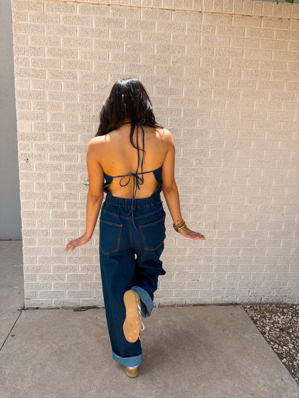 denim doll halter jumpsuit