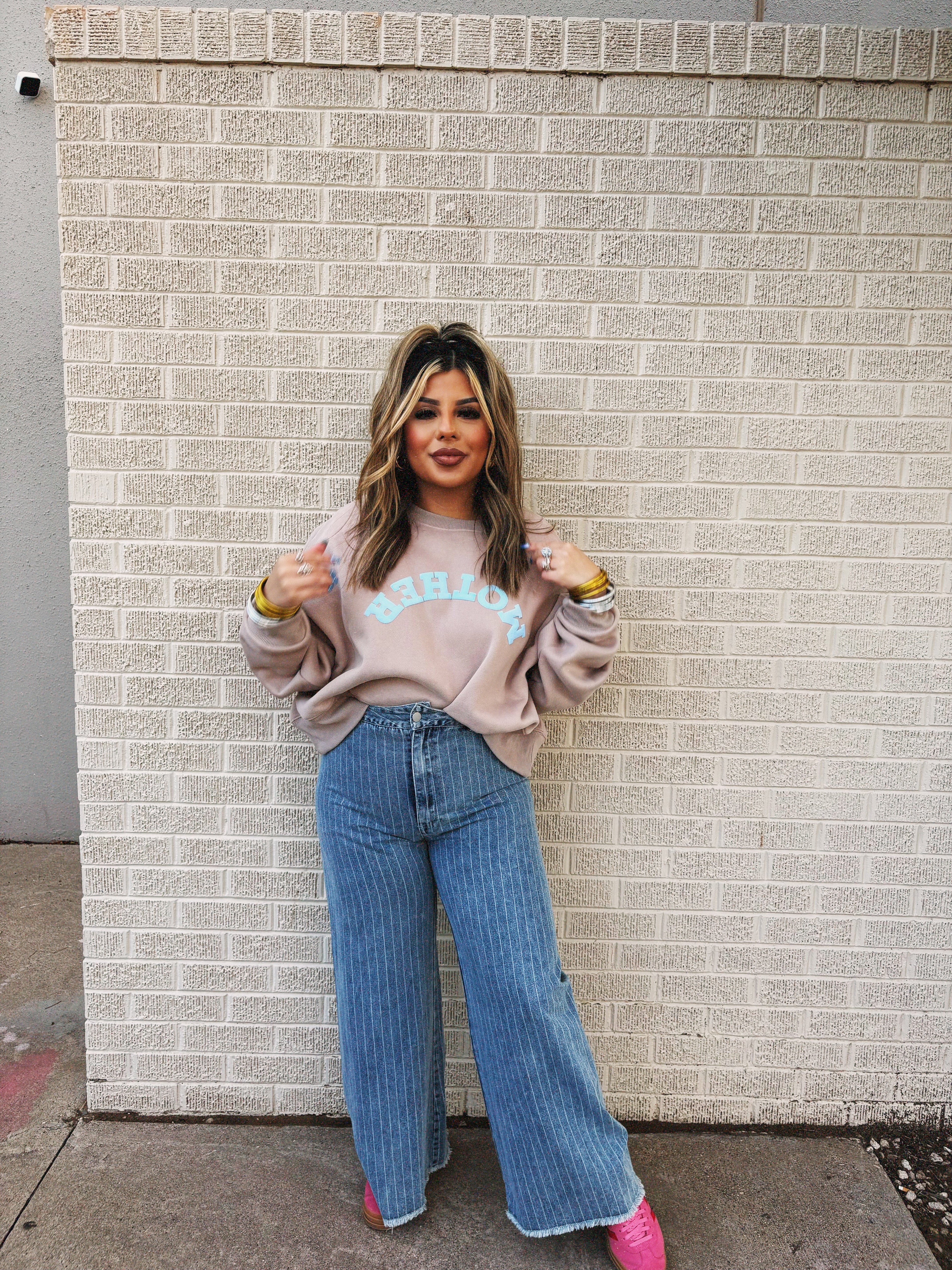 striped denim pants