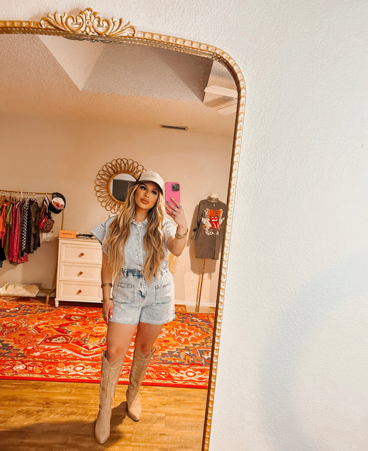 put some miles on it denim romper