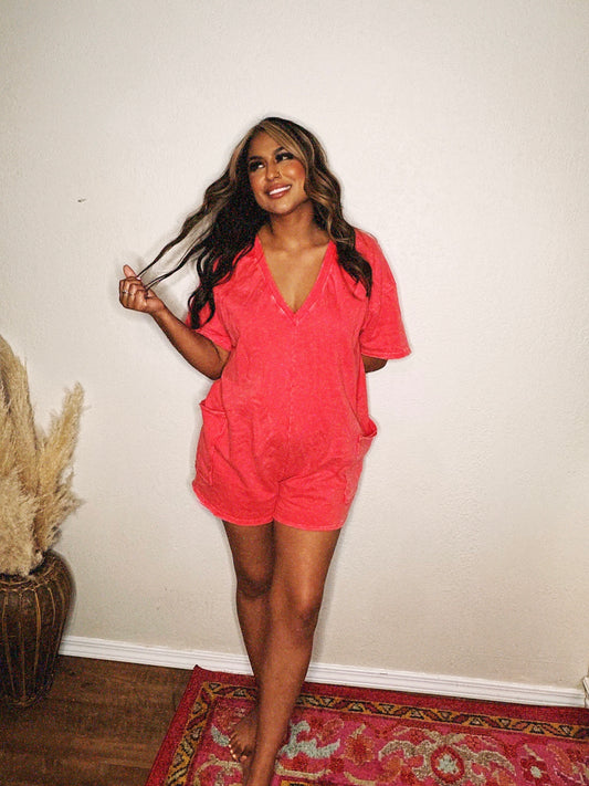 day in red acid wash romper