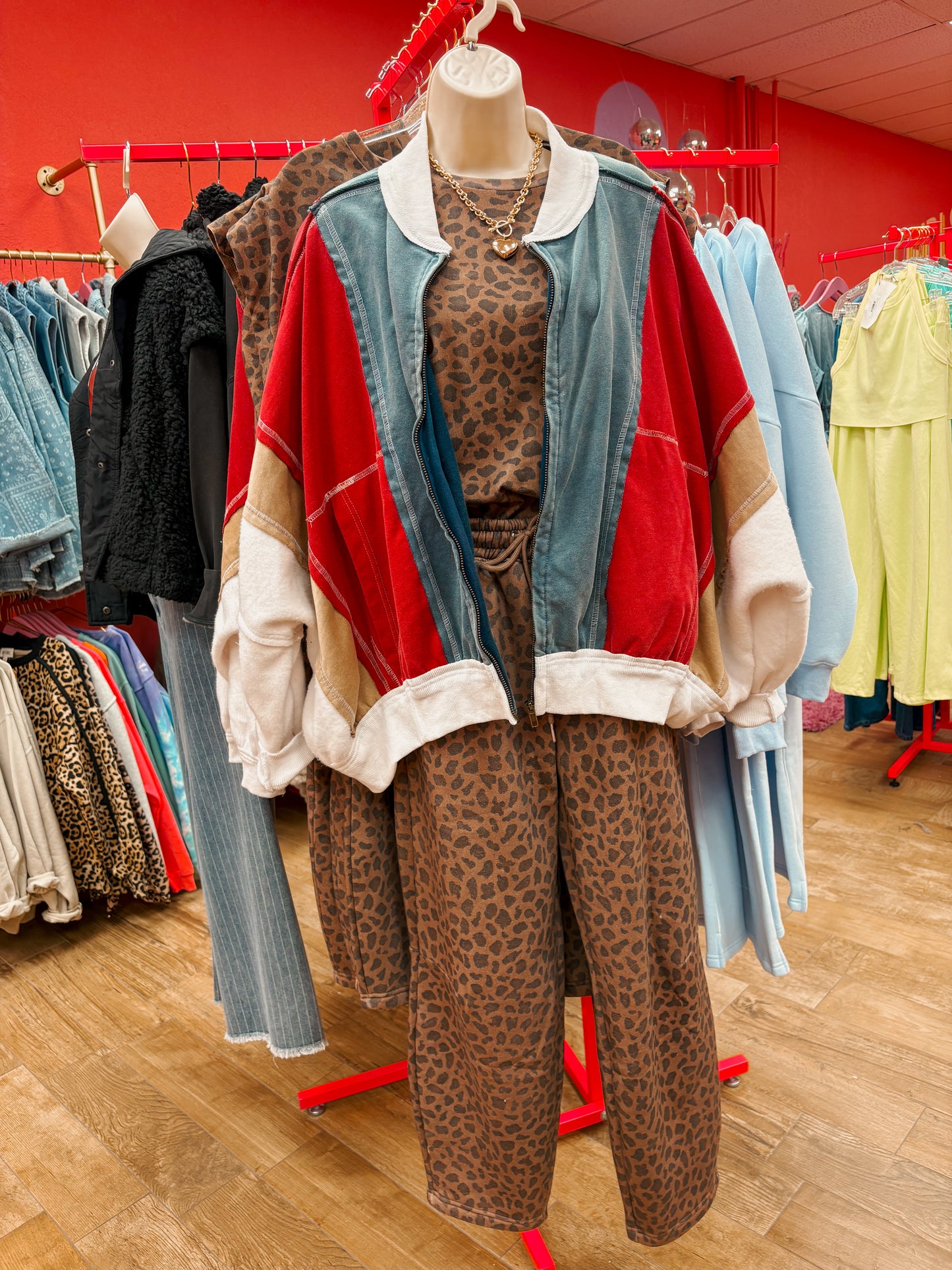 color block jacket red multi