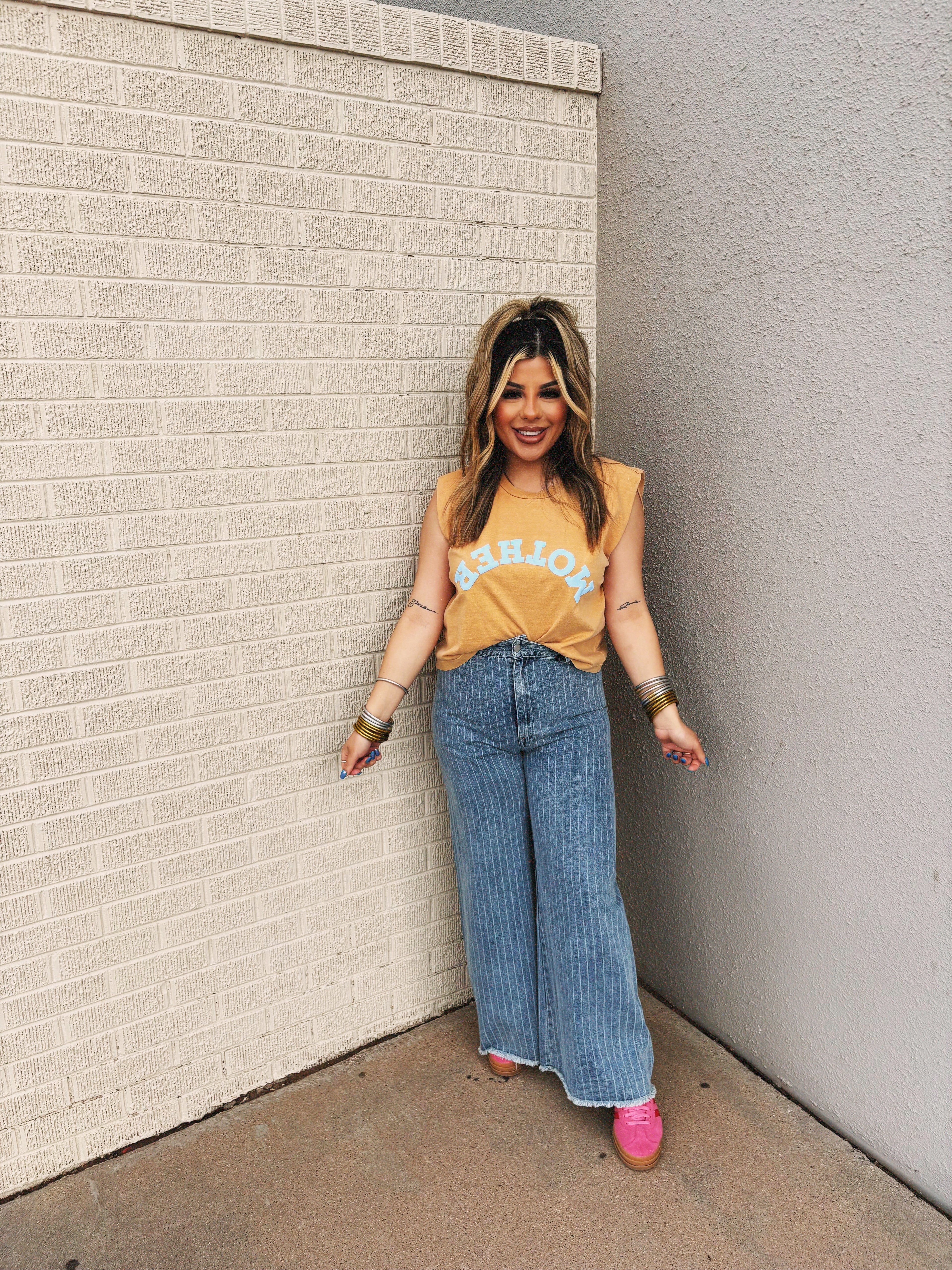 striped denim pants