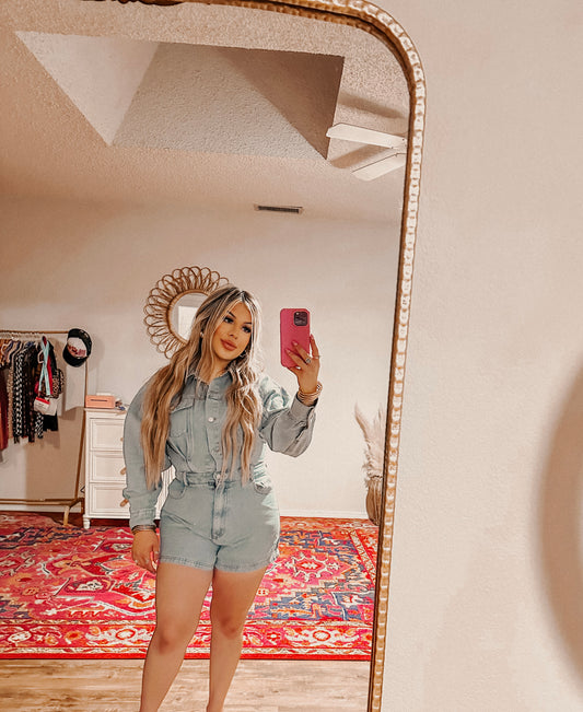 white wash long sleeve denim romper